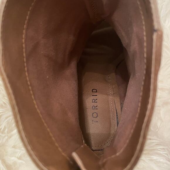 Torrid 7W Patchwork Heeled Booties | Leather Upper, Peep Toe, Neutral Suede - Picture 8 of 9